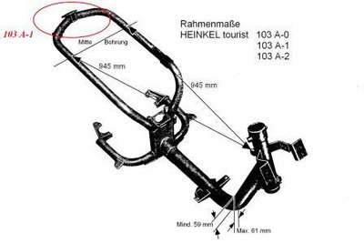 Bezugspunkt der Maße 945mm zur Mitte der Bohrungen ist die Einkerbung am Schloßgehäuse<br />(am Steuerrohr angeschweißt)