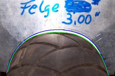 Reifen-Schablone auf Felge 3,00 x 10, Luftspalt in der Mitte 3 bis 4 mm